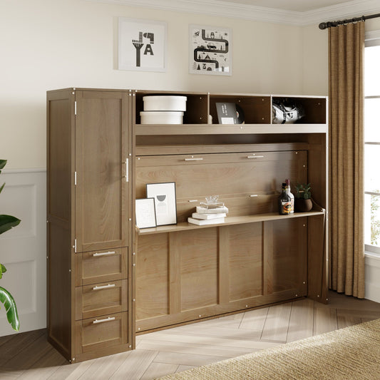 Full Murphy Bed with Wardrobe, Drawers & Open Shelves - Antique Grey