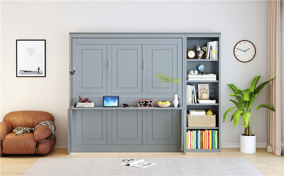 Queen Murphy Bed with Desk & Bookshelf - Gray or White