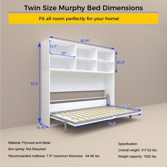 Twin Horizontal Murphy Bed with Shelf Storage