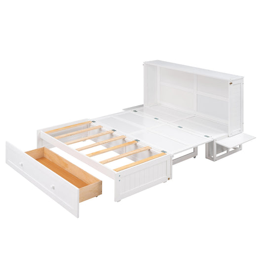 Queen Mobile Murphy Bed with Drawer & Side Shelves - White