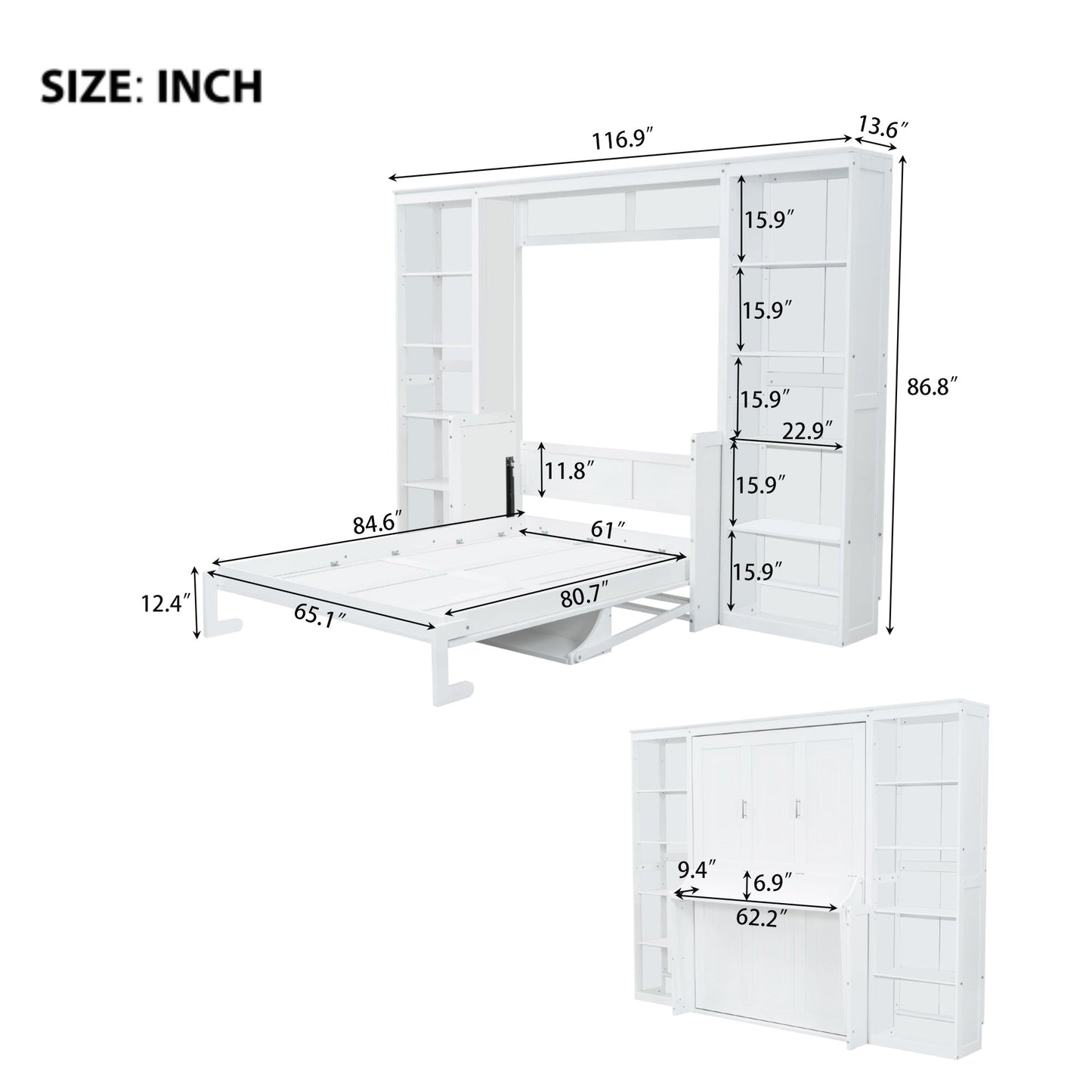 Queen Murphy Bed with Desk & Wide Bookshelf - White