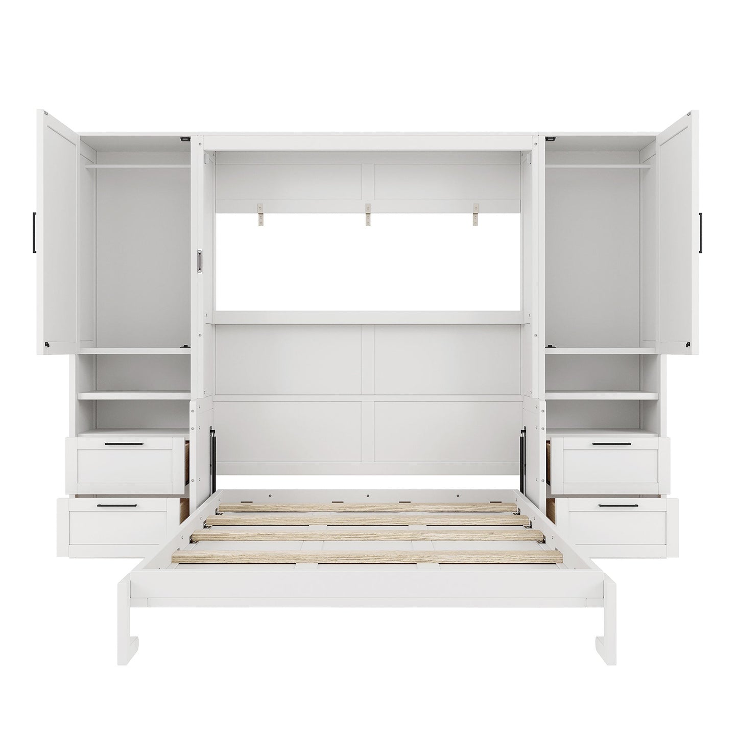 Queen Murphy Wall Bed with Closet, Drawers & Shelves - White