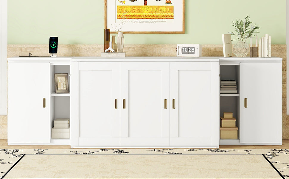 Full Murphy Bed with Shelves, Cabinets & USB Ports - White