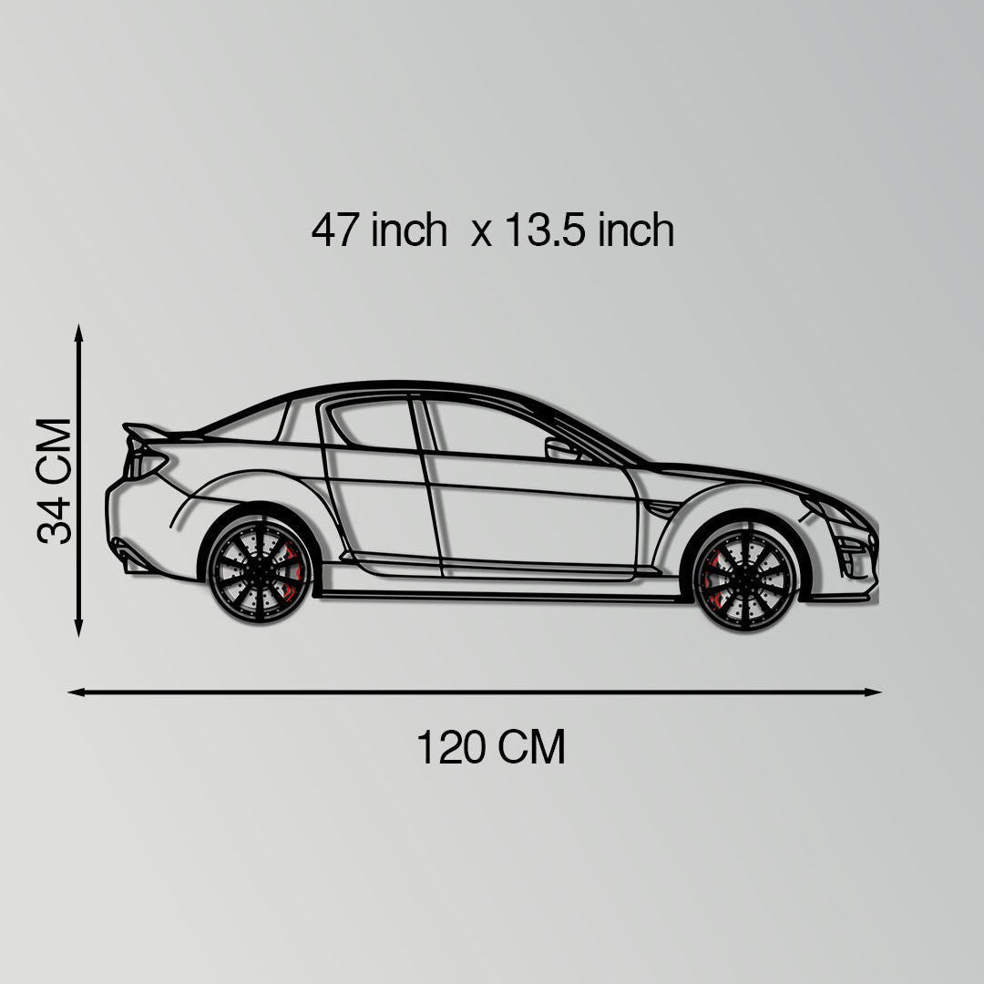 Mazda RX-8 Metal Car Wall Art with Rotating Wheels - Rotary Engine Silhouette - Interactive JDM Automotive Wall Decor - KAFMEKA148