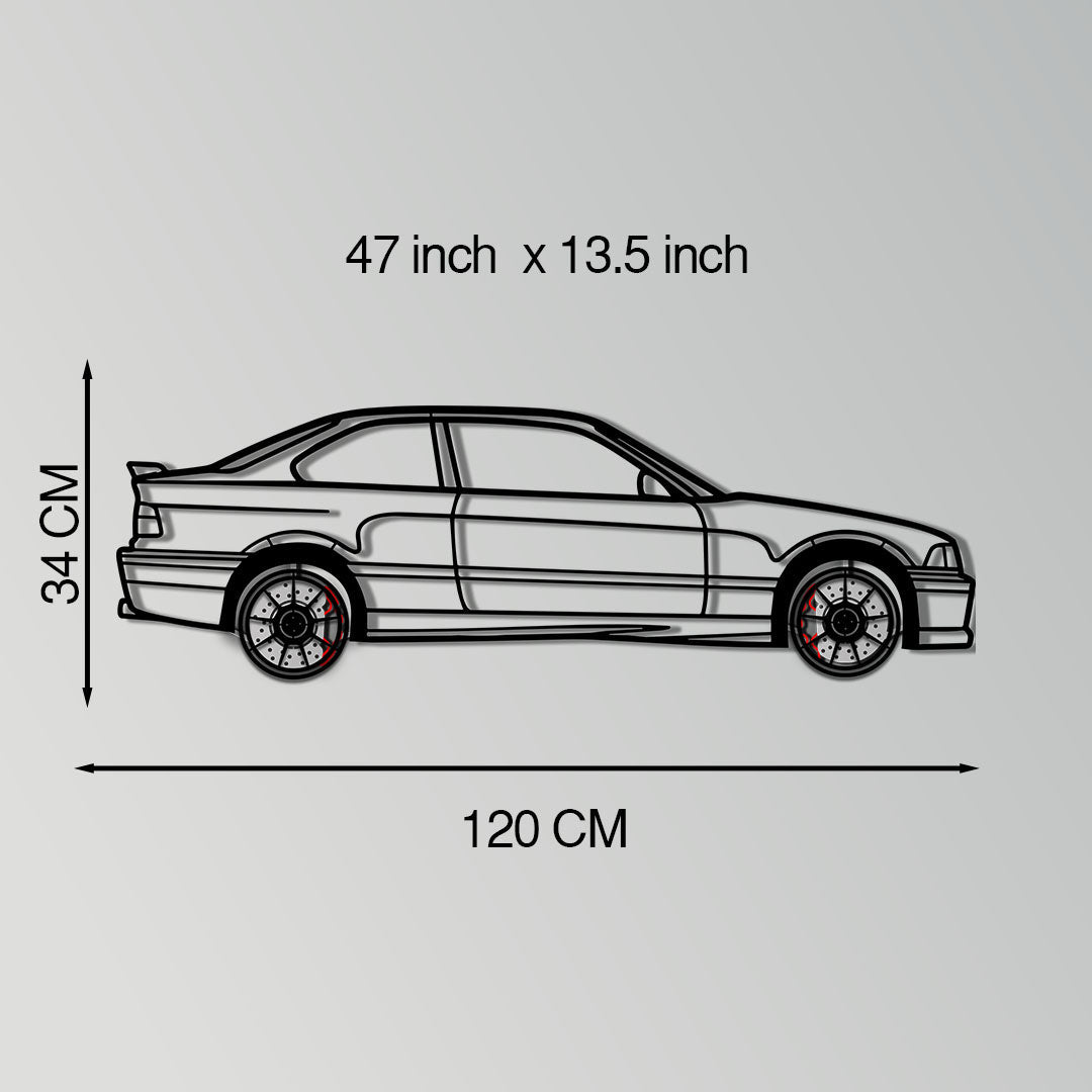 BMW E36 M3 Metal Car Wall Art with Rotating Wheels - 90s Performance Legend Silhouette - Interactive Automotive Wall Decor - KAFMEKA101
