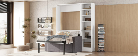 Twin Murphy Wall Bed with Sofa & Shelves - White