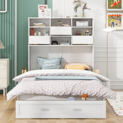 Queen Murphy Bed with Bookcase, Bedside Shelves & Drawer - White