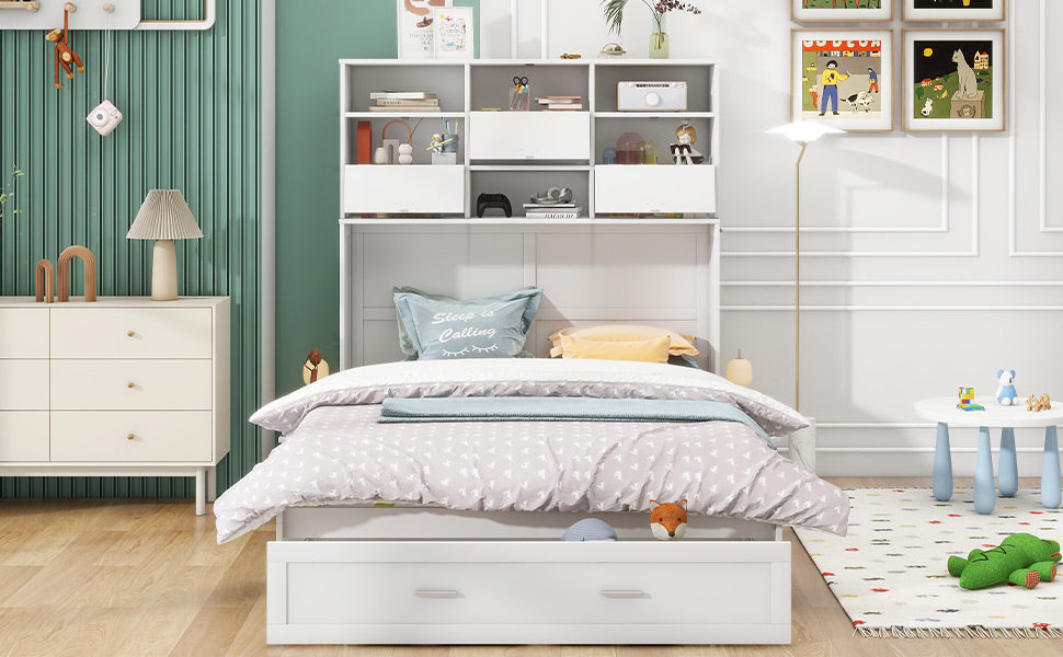 Queen Murphy Bed with Bookcase, Bedside Shelves & Drawer - White