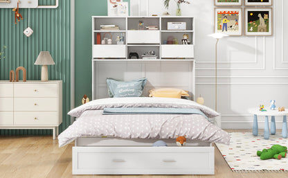 Queen Murphy Bed with Bookcase, Bedside Shelves & Drawer - White