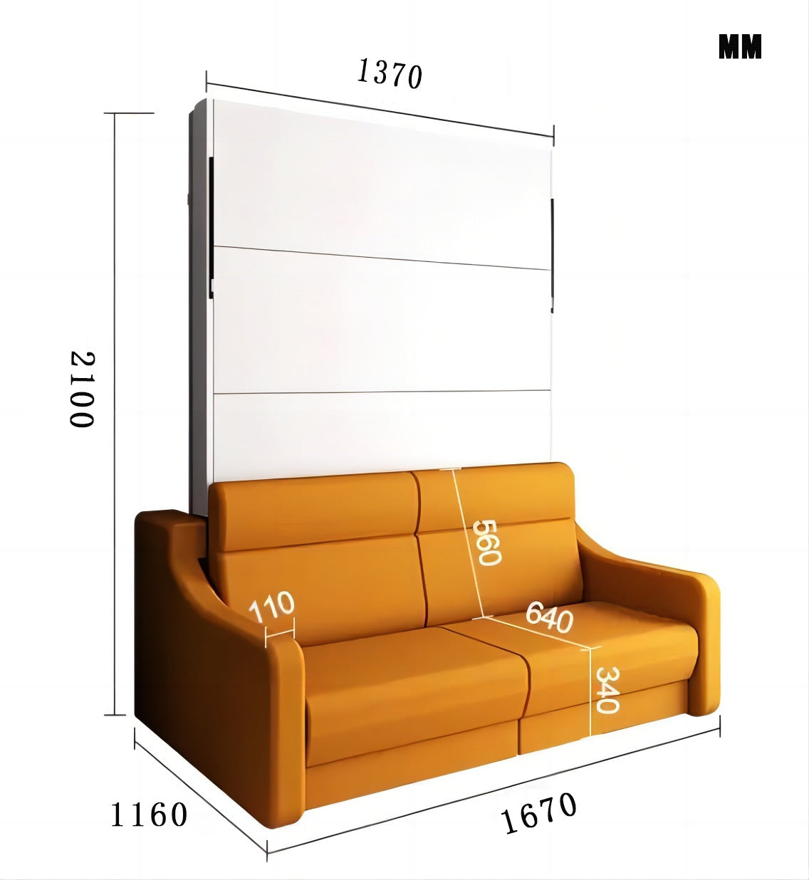 Full Vertical Murphy Bed with Sofa & Drawers - White