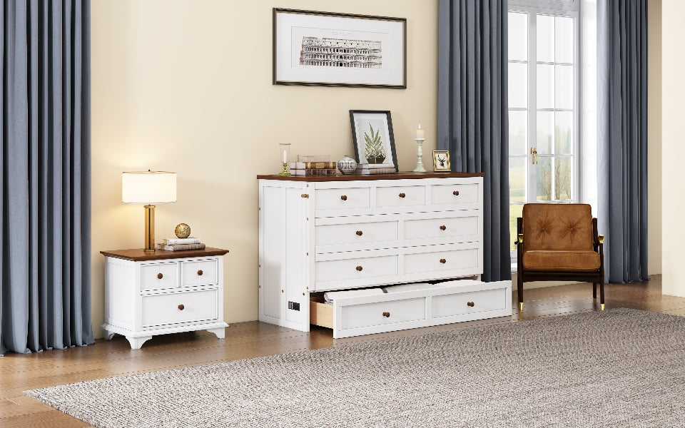 Queen Solid Pine Murphy Cabinet Bed with Charging Station - White & Walnut