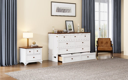 Queen Solid Pine Murphy Cabinet Bed with Charging Station - White & Walnut
