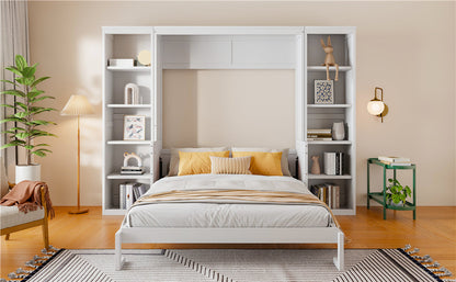 Queen Murphy Bed with Desk & Wide Bookshelf - White