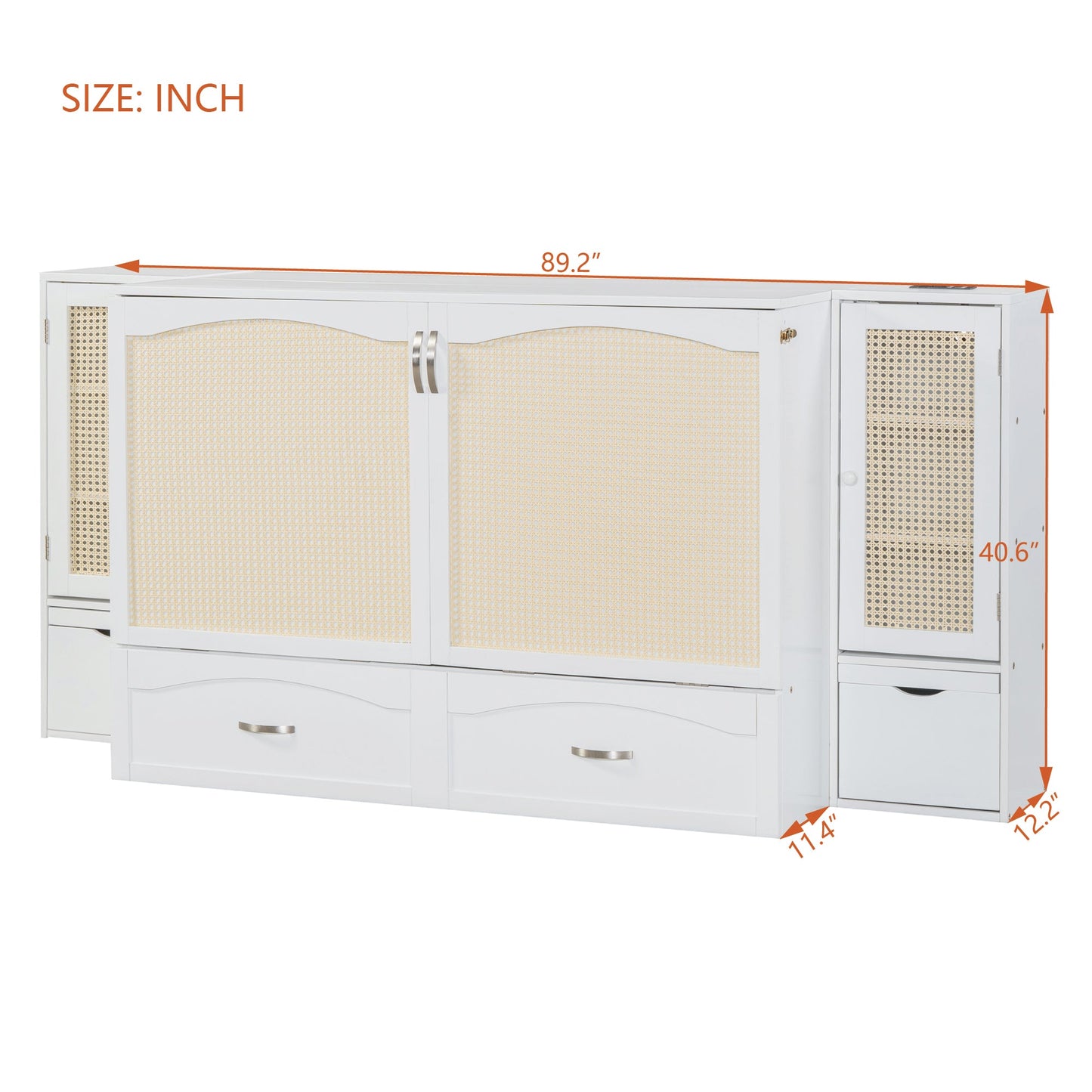Queen Murphy Wall Bed with Storage Cabinets, Drawers & USB - White