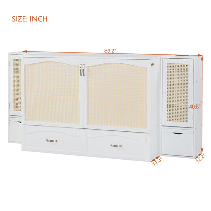 Queen Murphy Wall Bed with Storage Cabinets, Drawers & USB - White