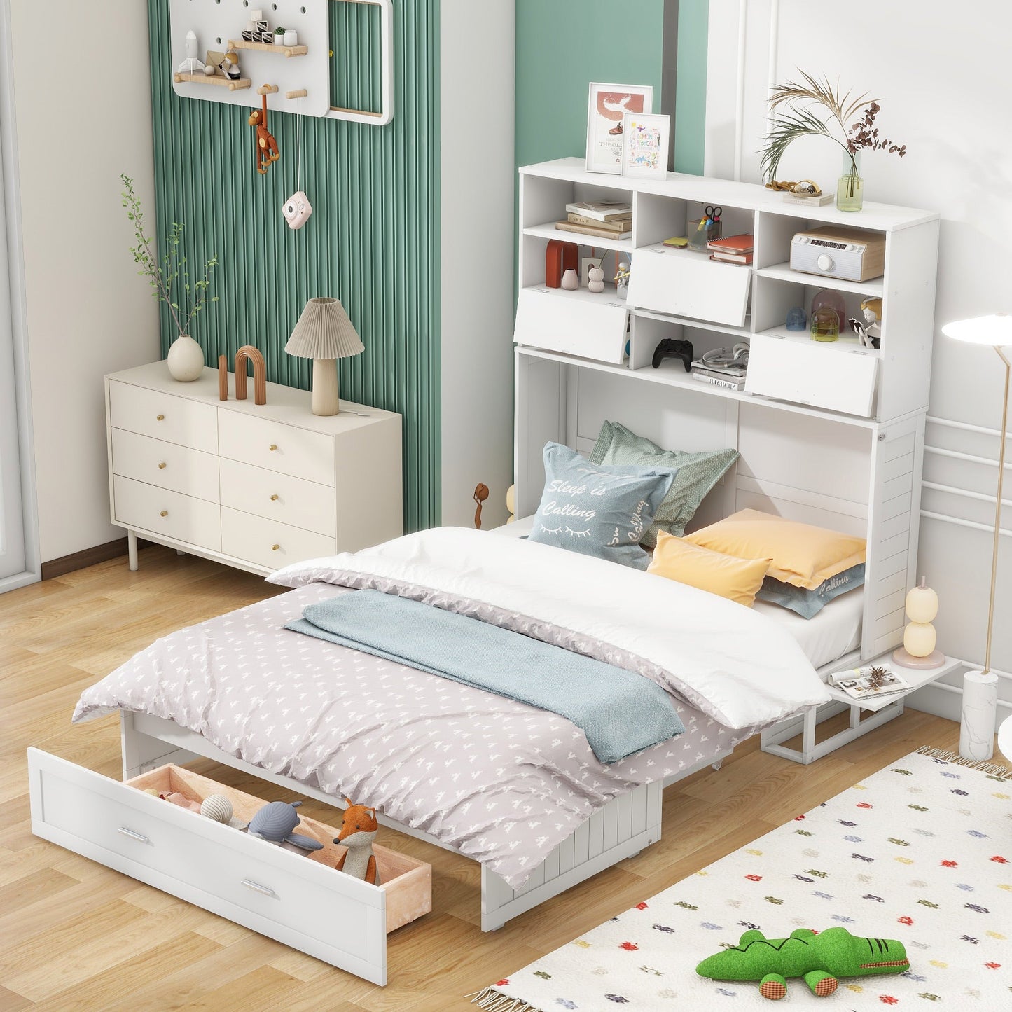 Queen Murphy Bed with Bookcase, Bedside Shelves & Drawer - White
