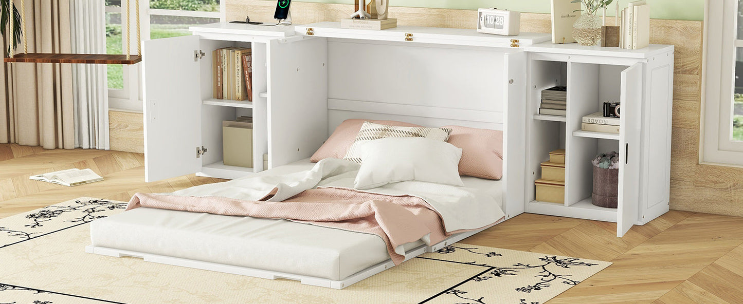 Full Murphy Bed with Shelves, Cabinets & USB Ports - White
