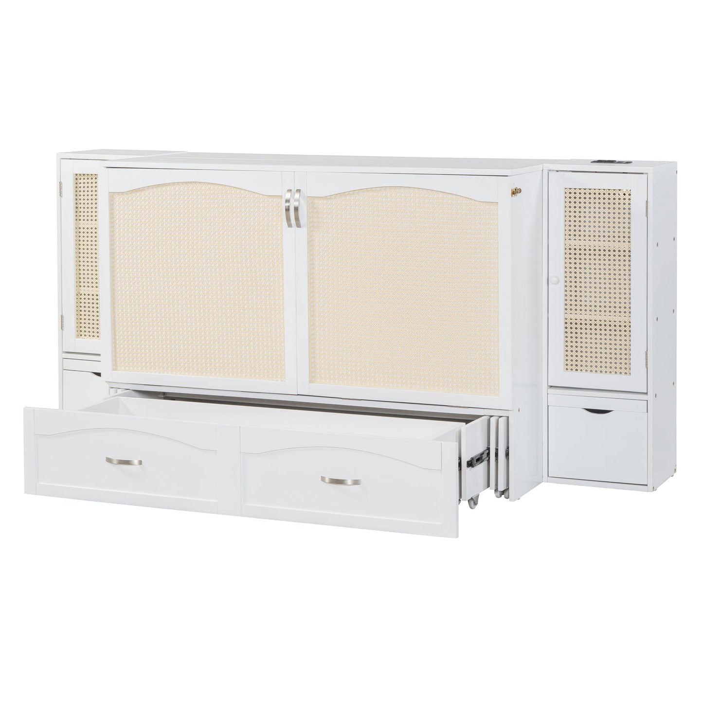 Queen Murphy Wall Bed with Storage Cabinets, Drawers & USB - White