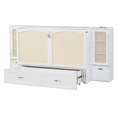 Queen Murphy Wall Bed with Storage Cabinets, Drawers & USB - White