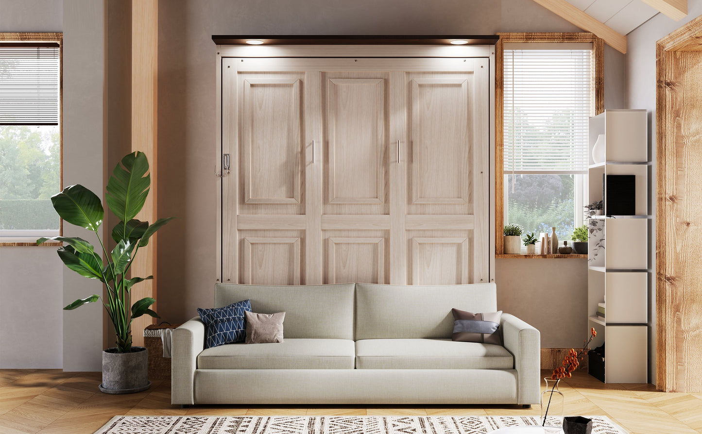 Queen Murphy Bed with Sofa & LED Lighting
