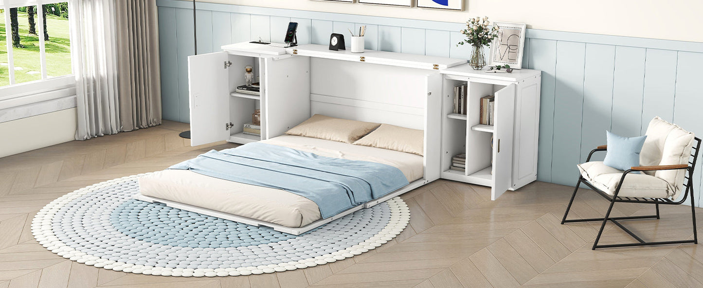 Queen Murphy Bed with Shelves, Cabinets & USB Ports - White