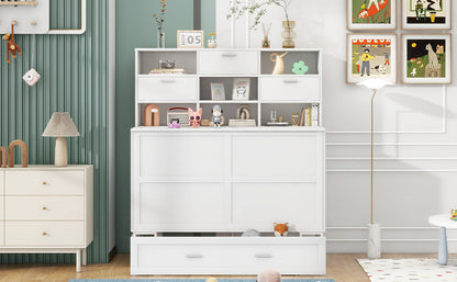 Queen Murphy Bed with Bookcase, Bedside Shelves & Drawer - White