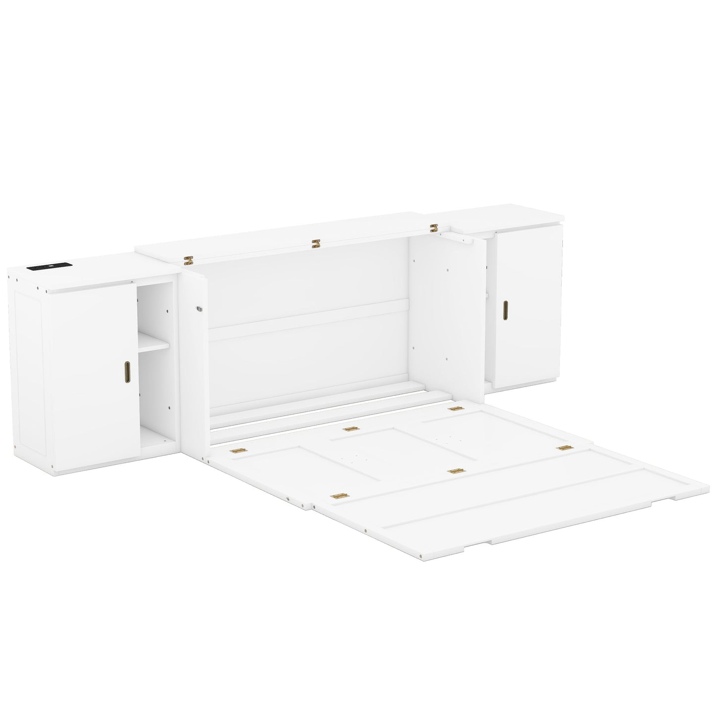Queen Murphy Bed with Shelves, Cabinets & USB Ports - White