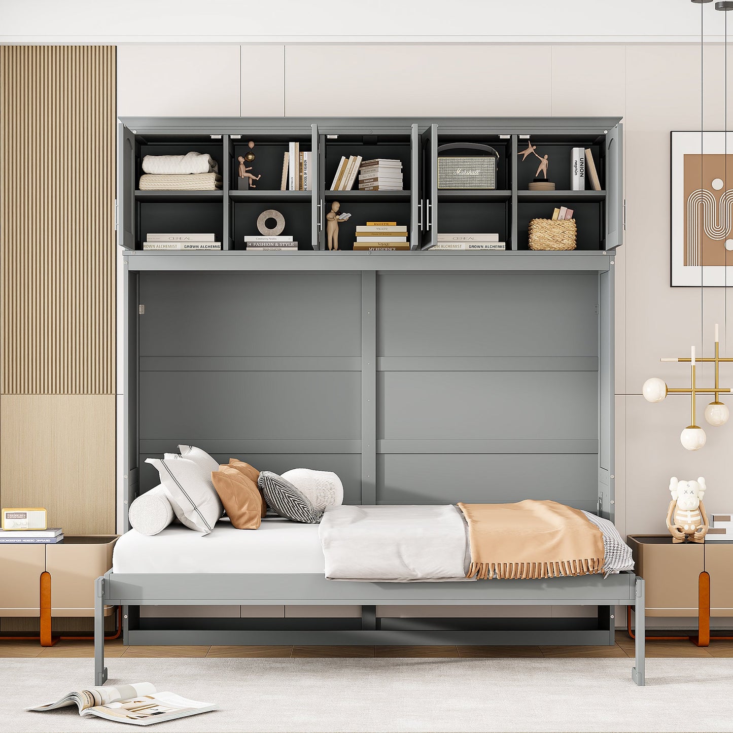 Full Murphy Wall Bed with Top Cabinets - Gray