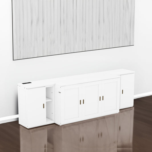 Queen Murphy Bed with Shelves, Cabinets & USB Ports - White