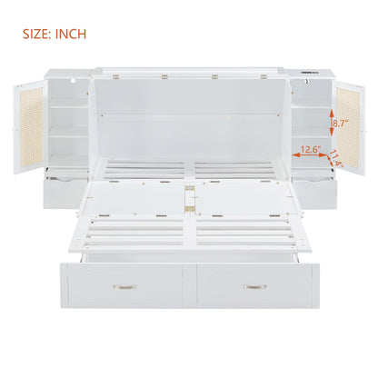 Queen Murphy Wall Bed with Storage Cabinets, Drawers & USB - White