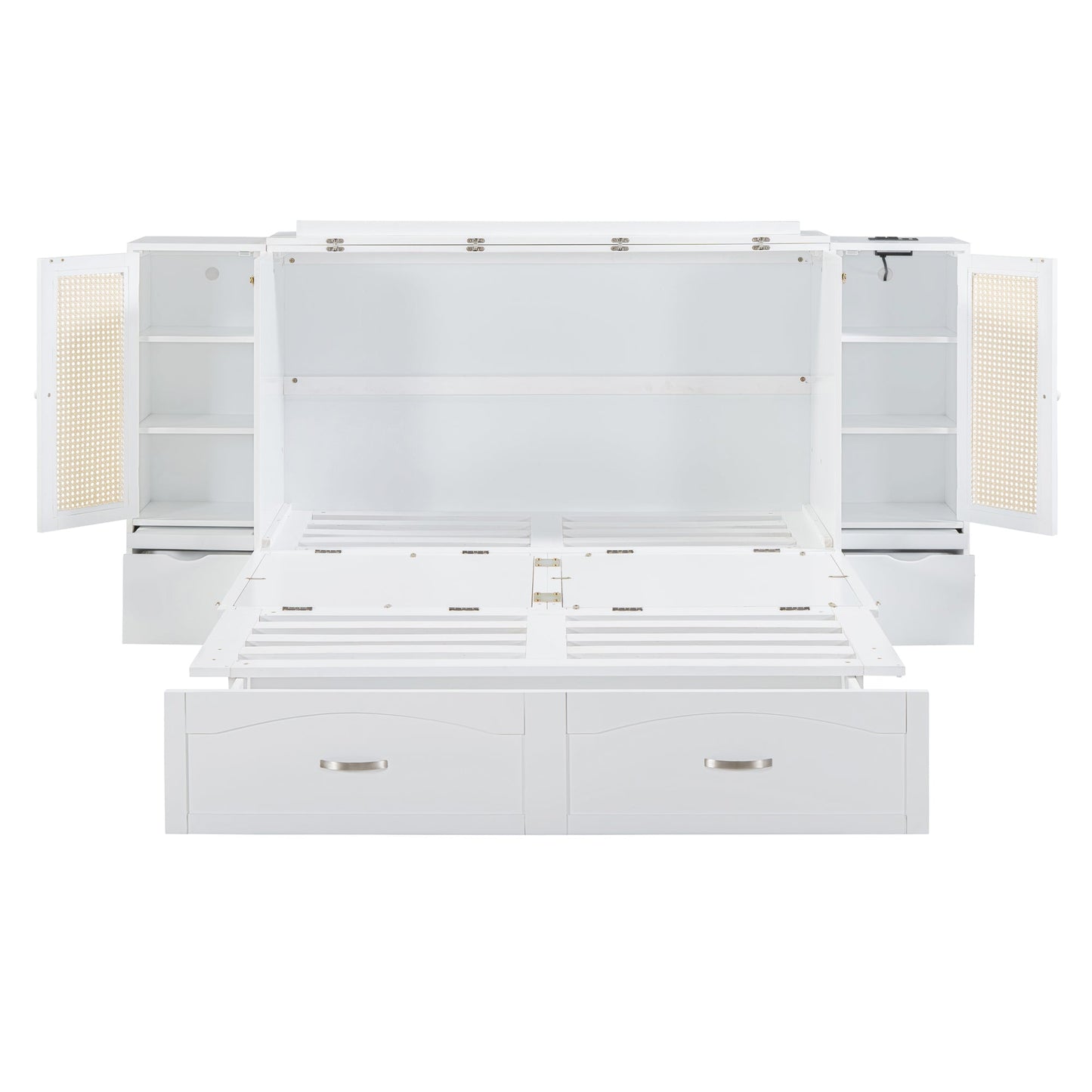 Queen Murphy Wall Bed with Storage Cabinets, Drawers & USB - White