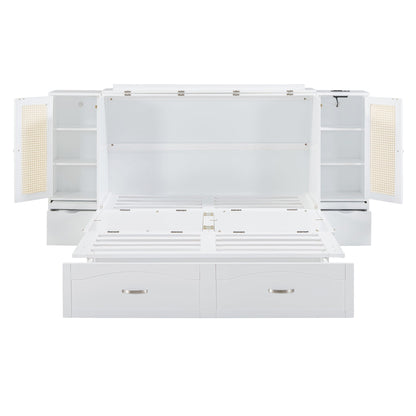 Queen Murphy Wall Bed with Storage Cabinets, Drawers & USB - White