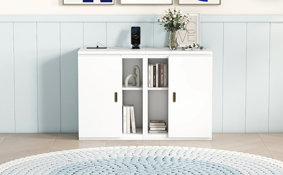 Queen Murphy Bed with Shelves, Cabinets & USB Ports - White