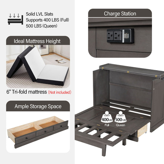 Murphy Cabinet Bed with Charging Station & Storage Drawer