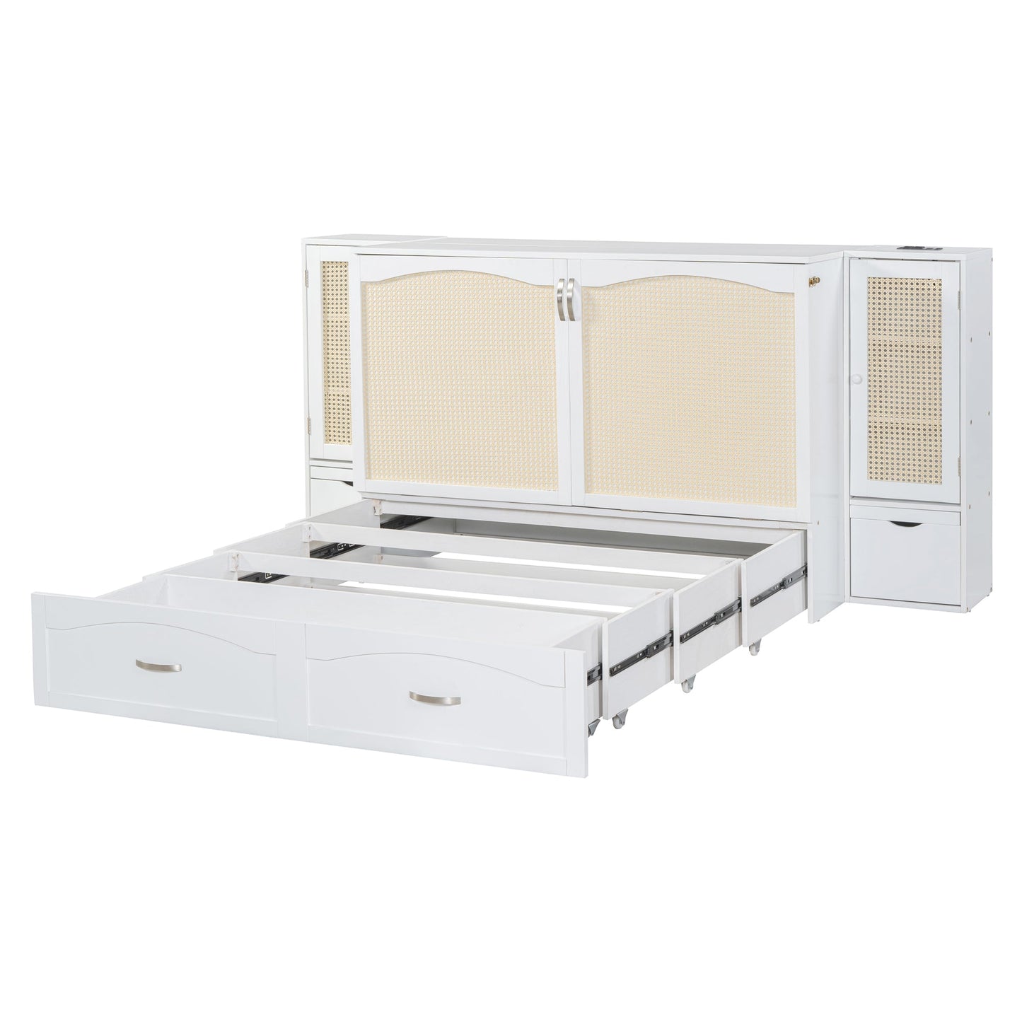 Queen Murphy Wall Bed with Storage Cabinets, Drawers & USB - White