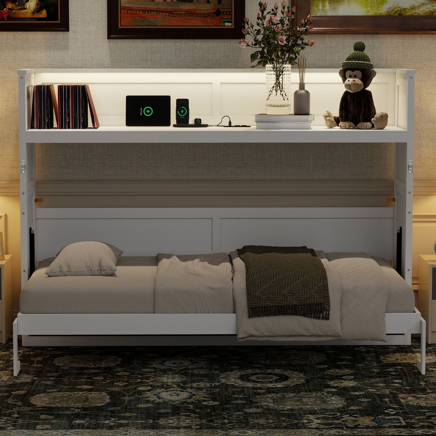 Murphy Bed with Desk, LED Light & USB Charging Station
