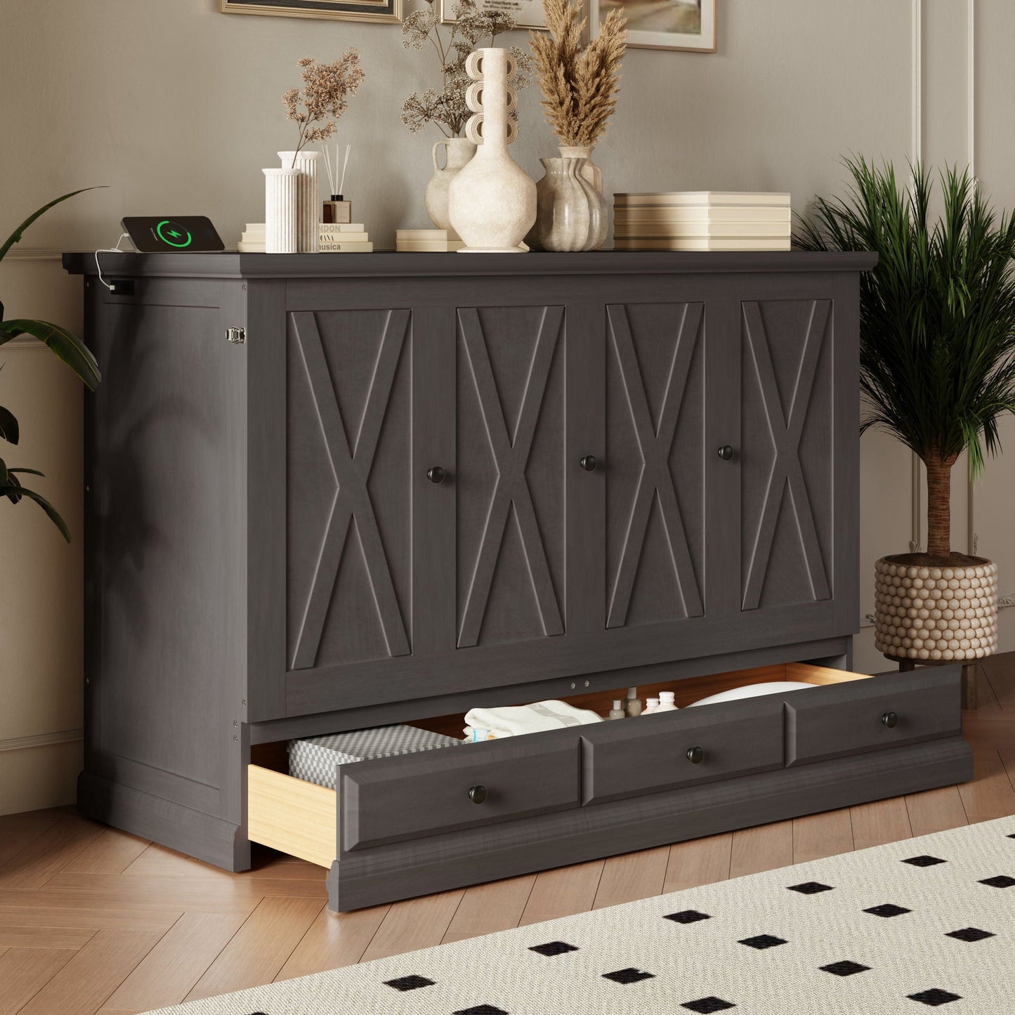Murphy Cabinet Bed with Charging Station & Storage Drawer
