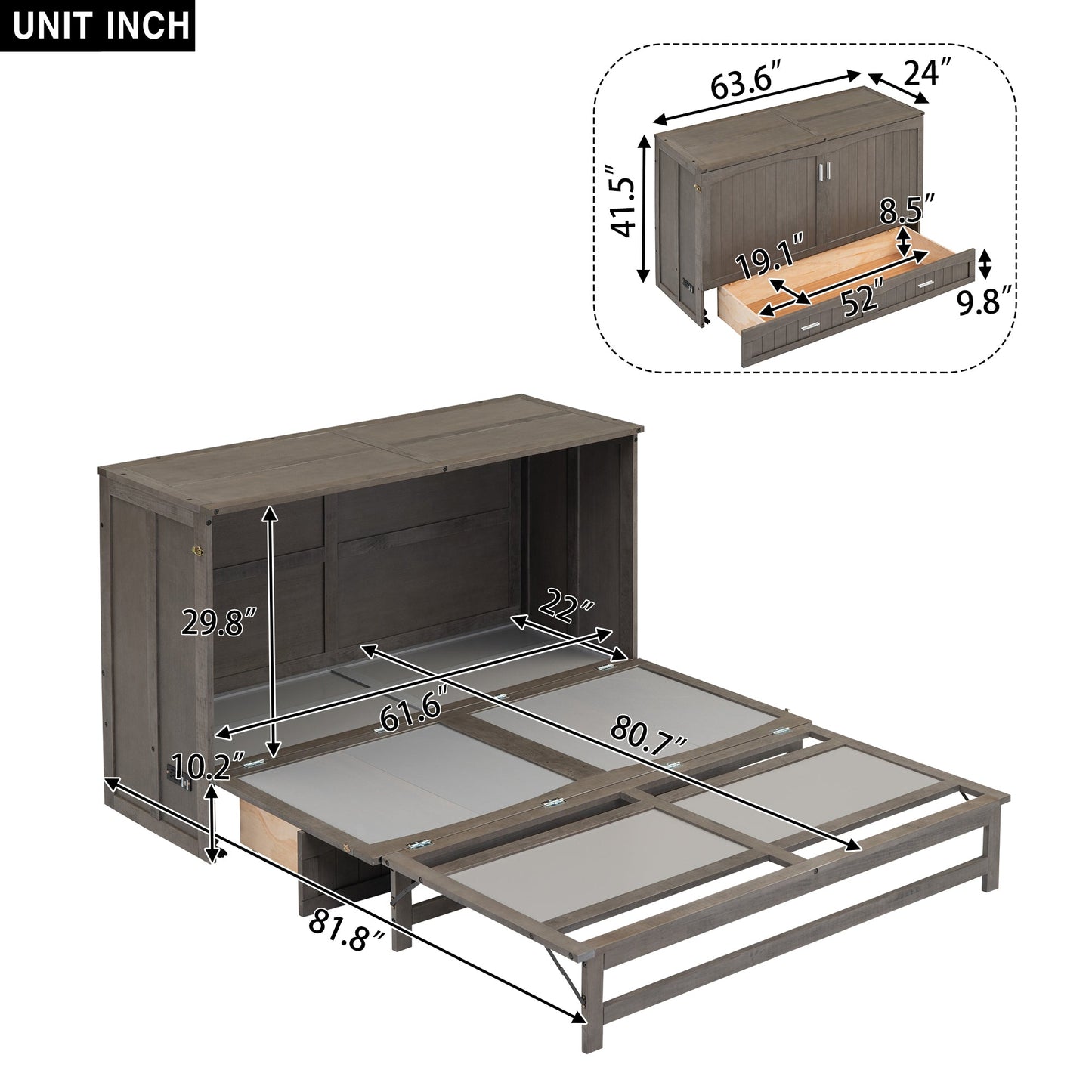Queen Murphy Bed with Charging Station - Antique Grey
