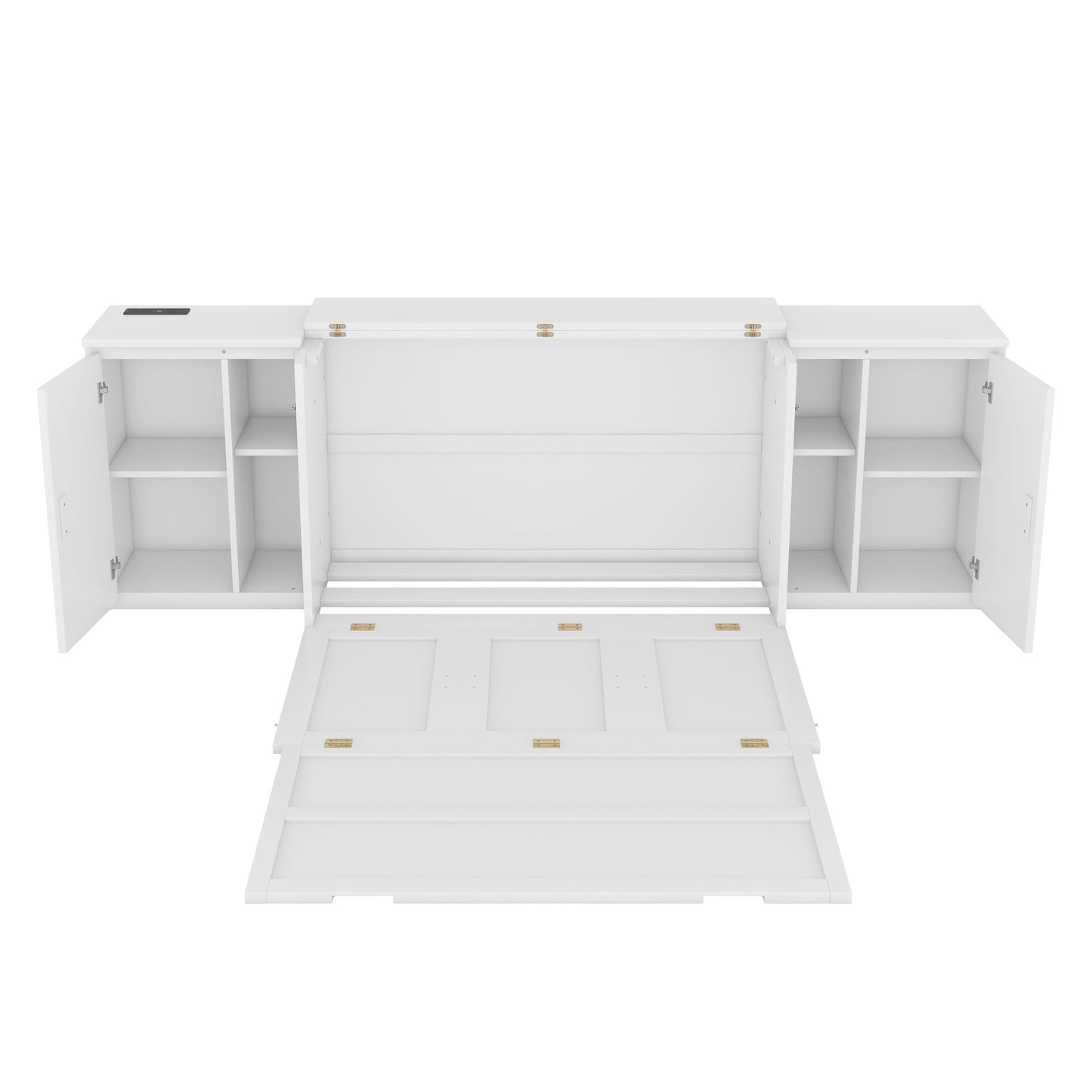 Full Murphy Bed with Shelves, Cabinets & USB Ports - White