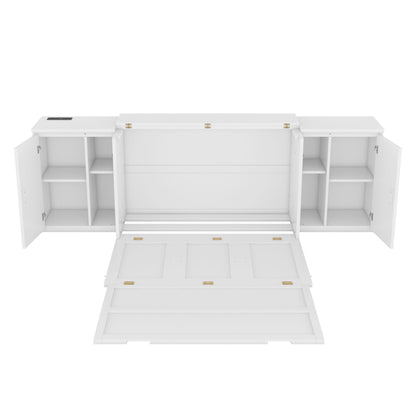Full Murphy Bed with Shelves, Cabinets & USB Ports - White