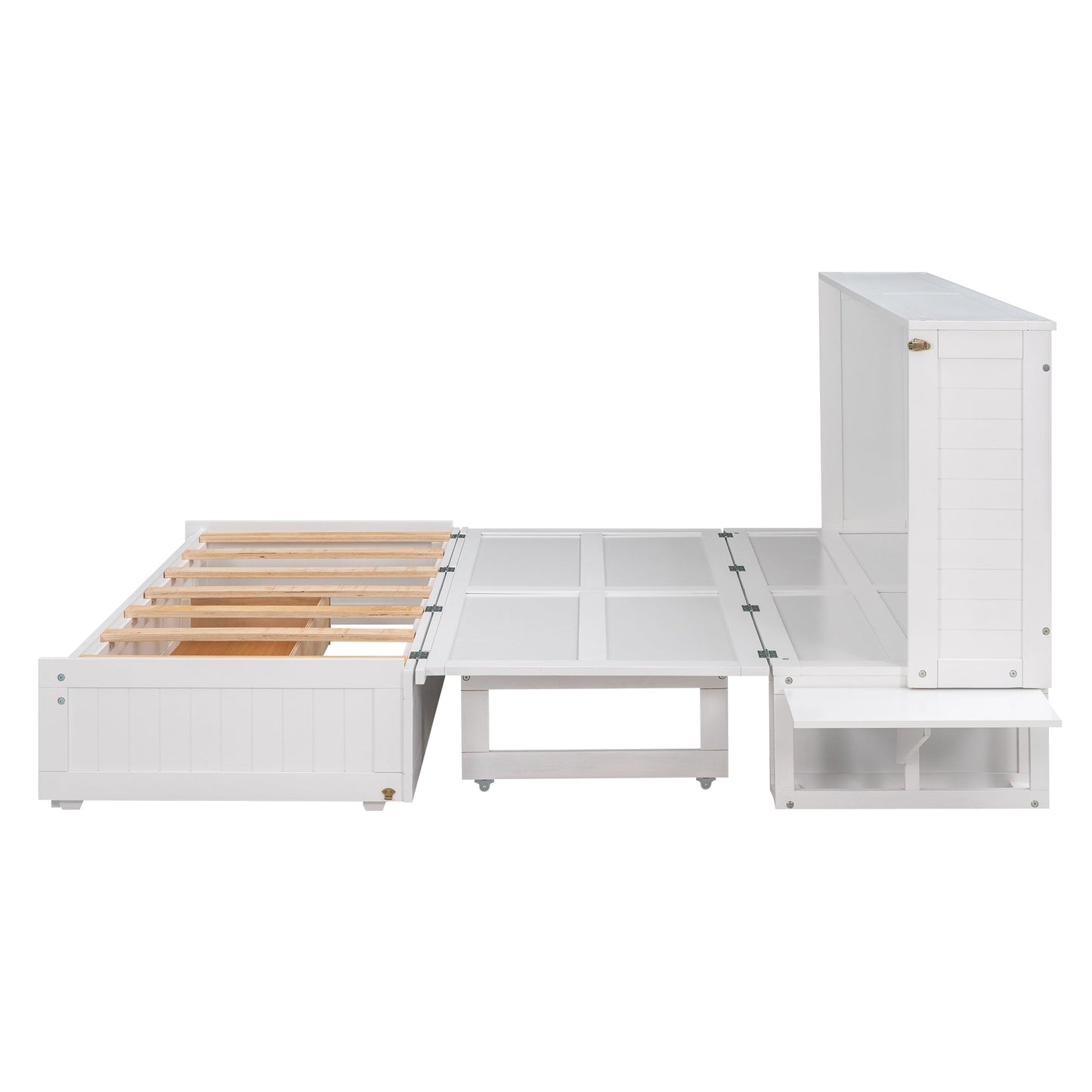 Queen Mobile Murphy Bed with Drawer & Side Shelves - White