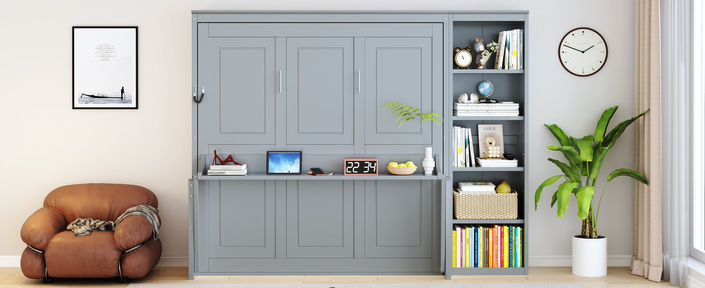 Queen Murphy Bed with Desk & Bookshelf - Gray or White