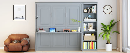Queen Murphy Bed with Desk & Bookshelf - Gray or White
