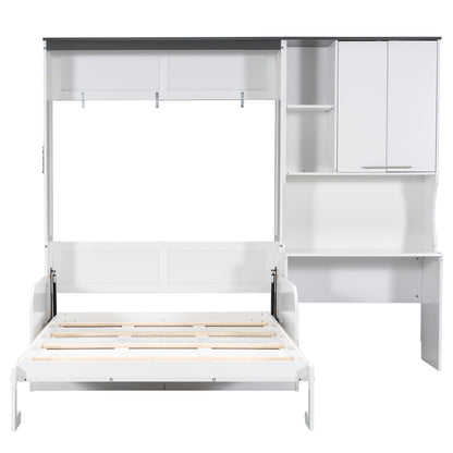 Full Murphy Bed with Sofa, Desk & Storage Cabinet - White