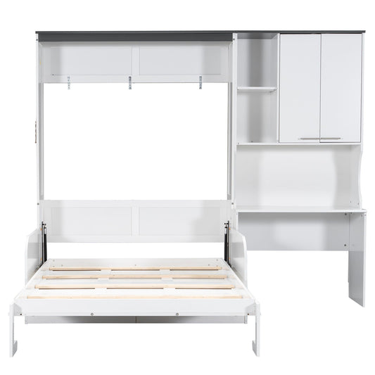 Full Murphy Bed with Sofa, Desk & Storage Cabinet - White