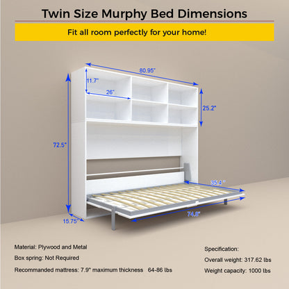 Twin Horizontal Murphy Bed with Shelf Storage
