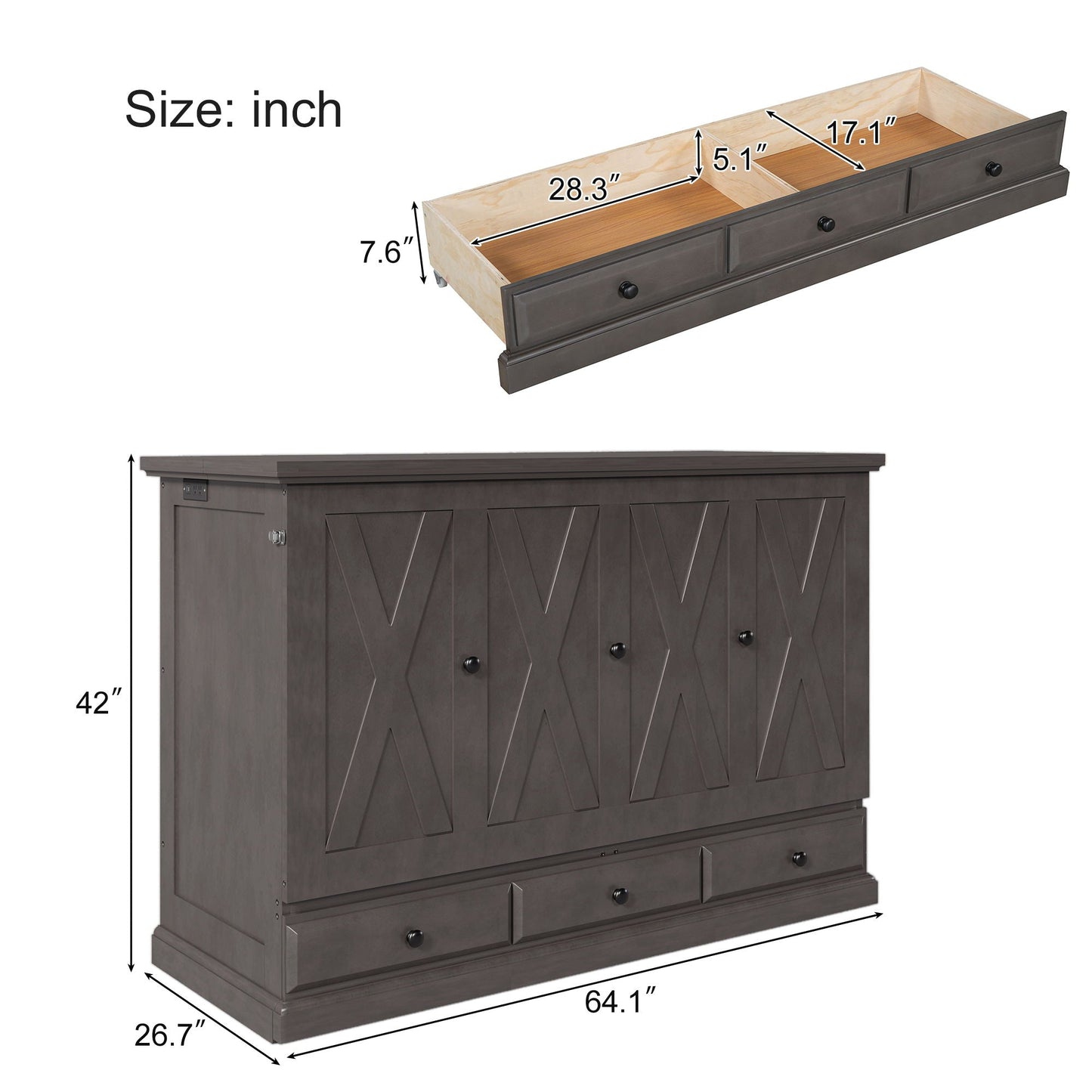 Murphy Cabinet Bed with Charging Station & Storage Drawer