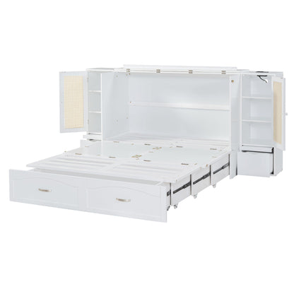 Queen Murphy Wall Bed with Storage Cabinets, Drawers & USB - White