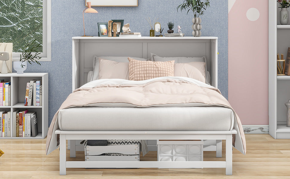 Queen Murphy Bed with Charging Station & Shelf - White