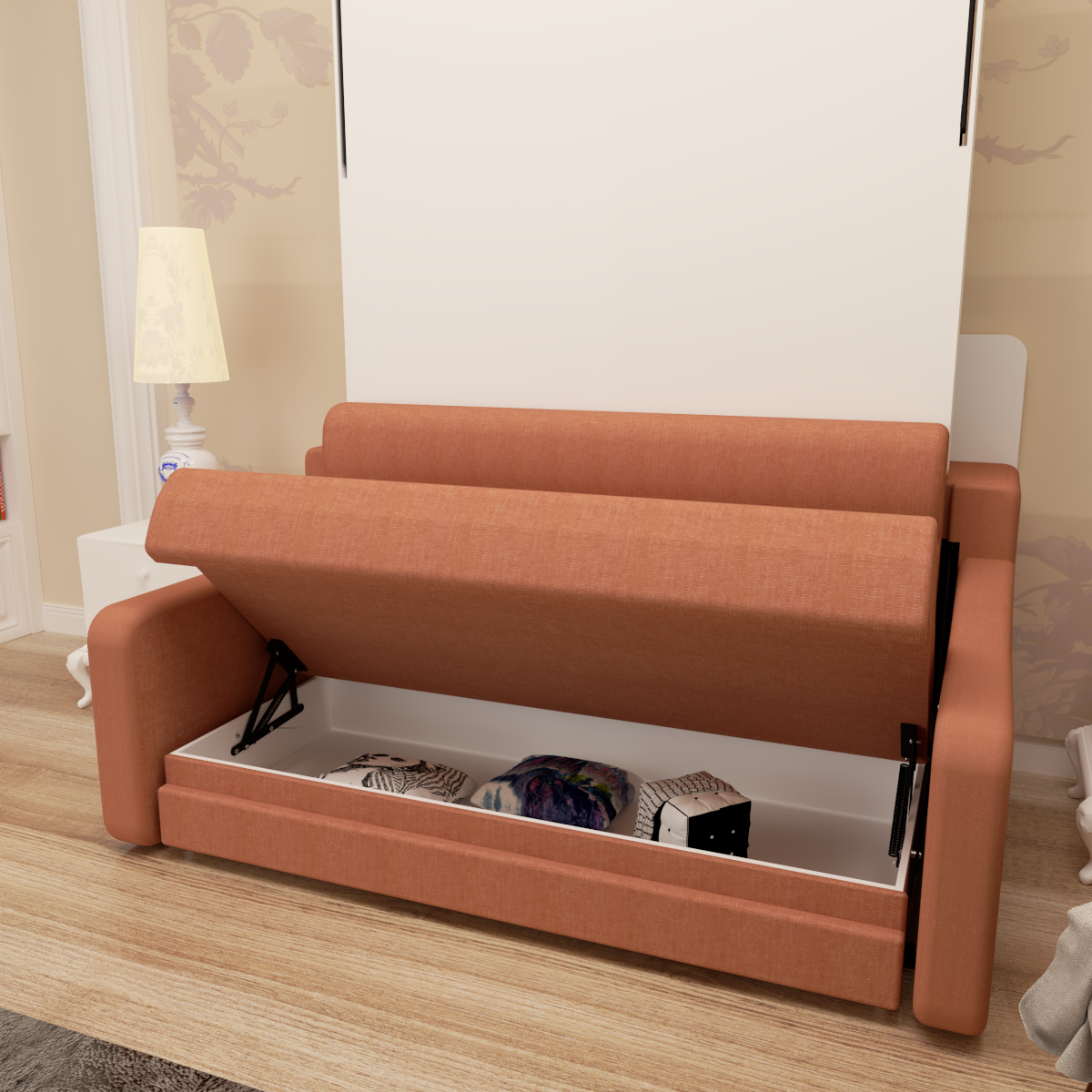 Full Vertical Murphy Bed with Sofa & Drawers - White